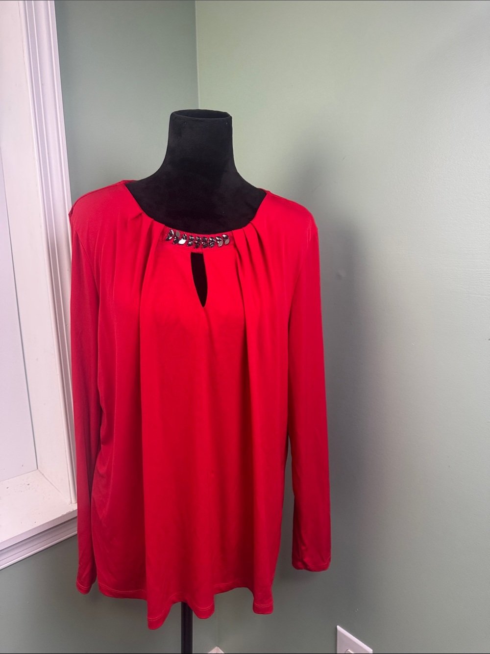 Liz Claiborne Red Long-Sleeve Top with Jeweled Neckline XXL
